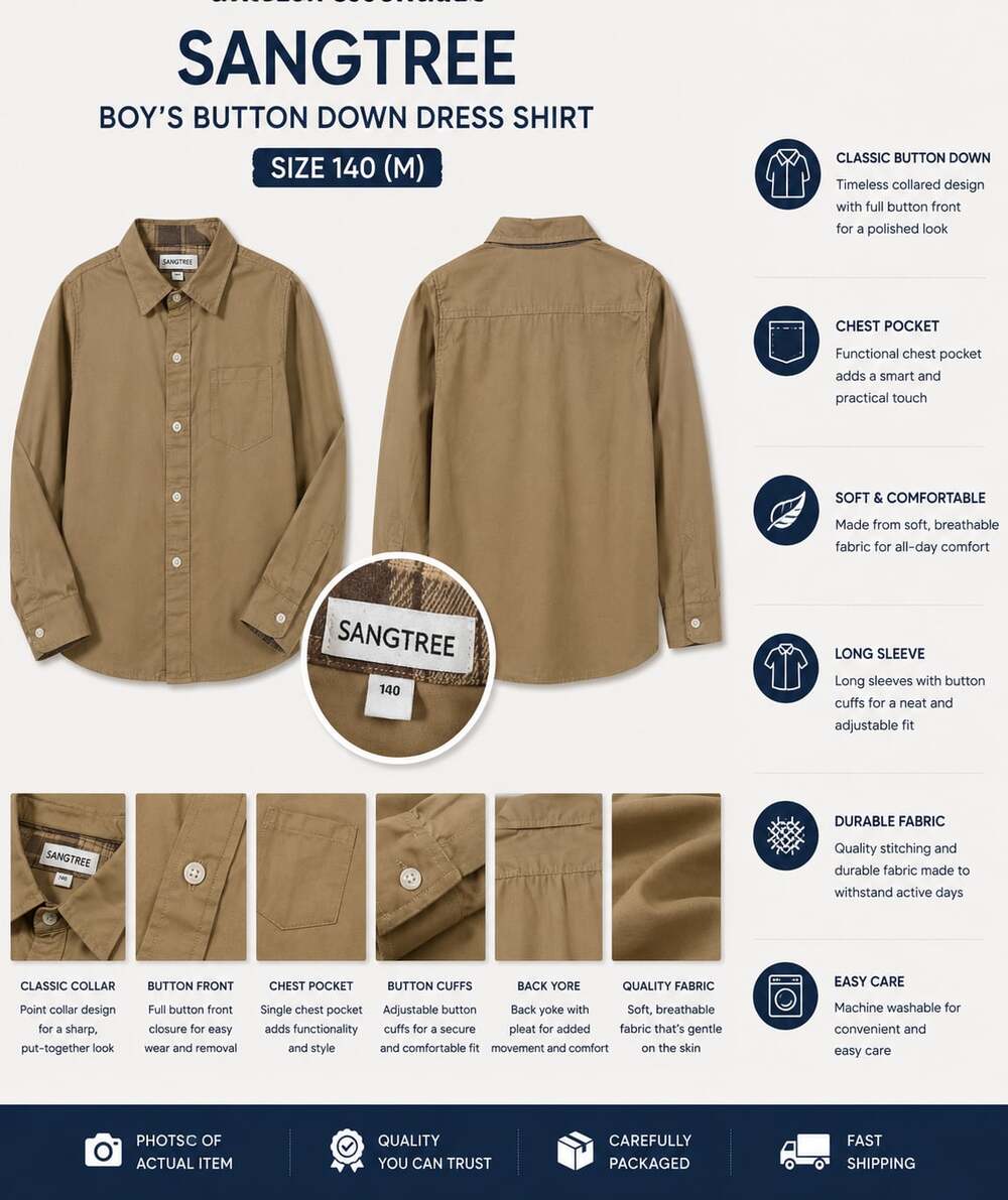 Sangtree Boy's Long Sleeve Button Down Dress Shirt in Tan